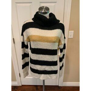Allison Joy Black, White & Gold Striped Cowl Neck Sweater, Size Small